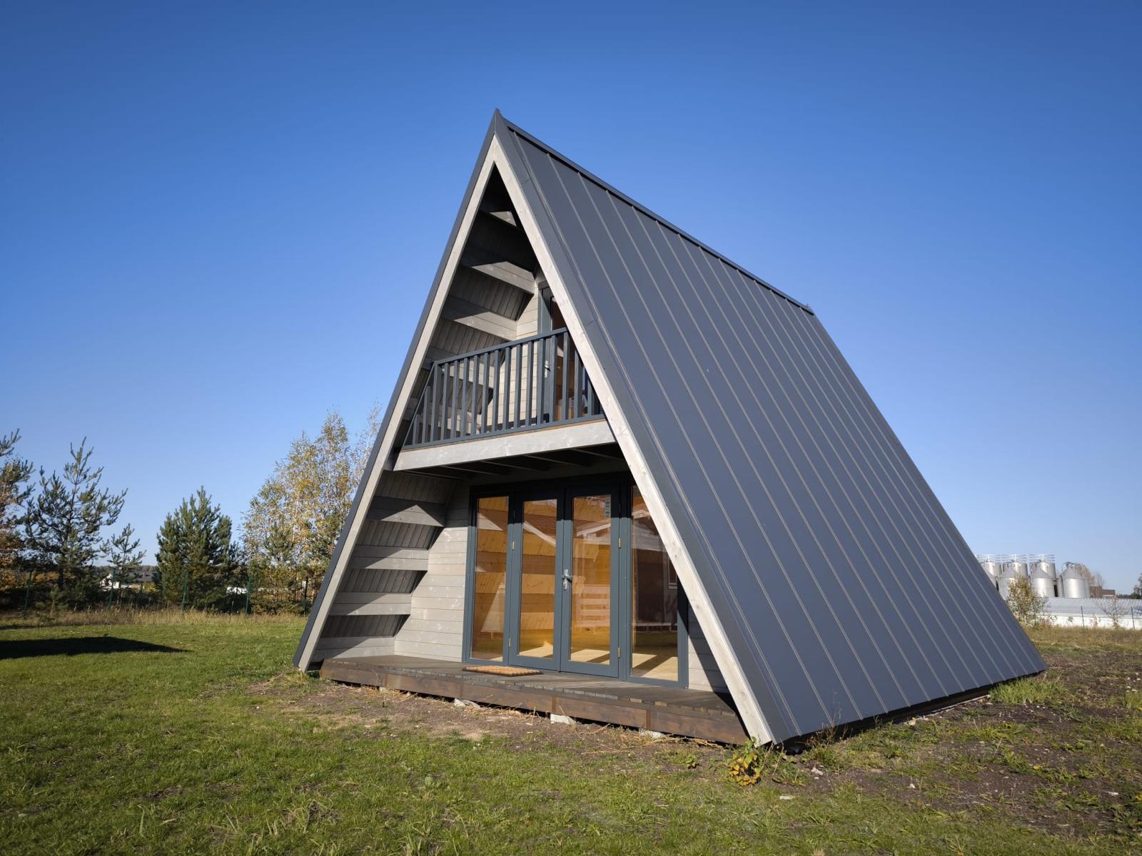 image of an A-frame log cabin