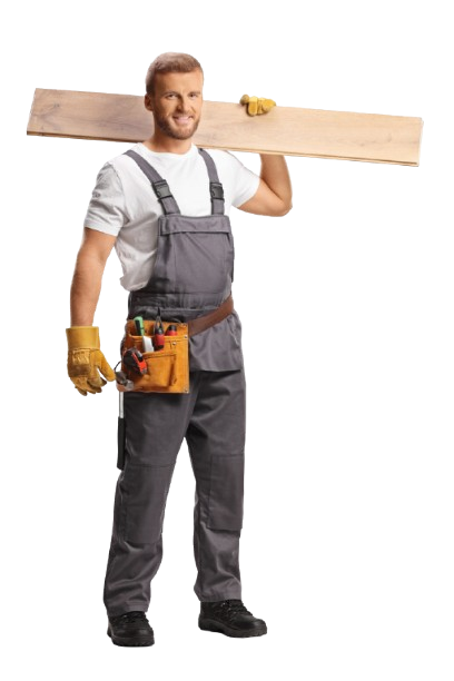 A worker holding a piece of wood building a log cabin.